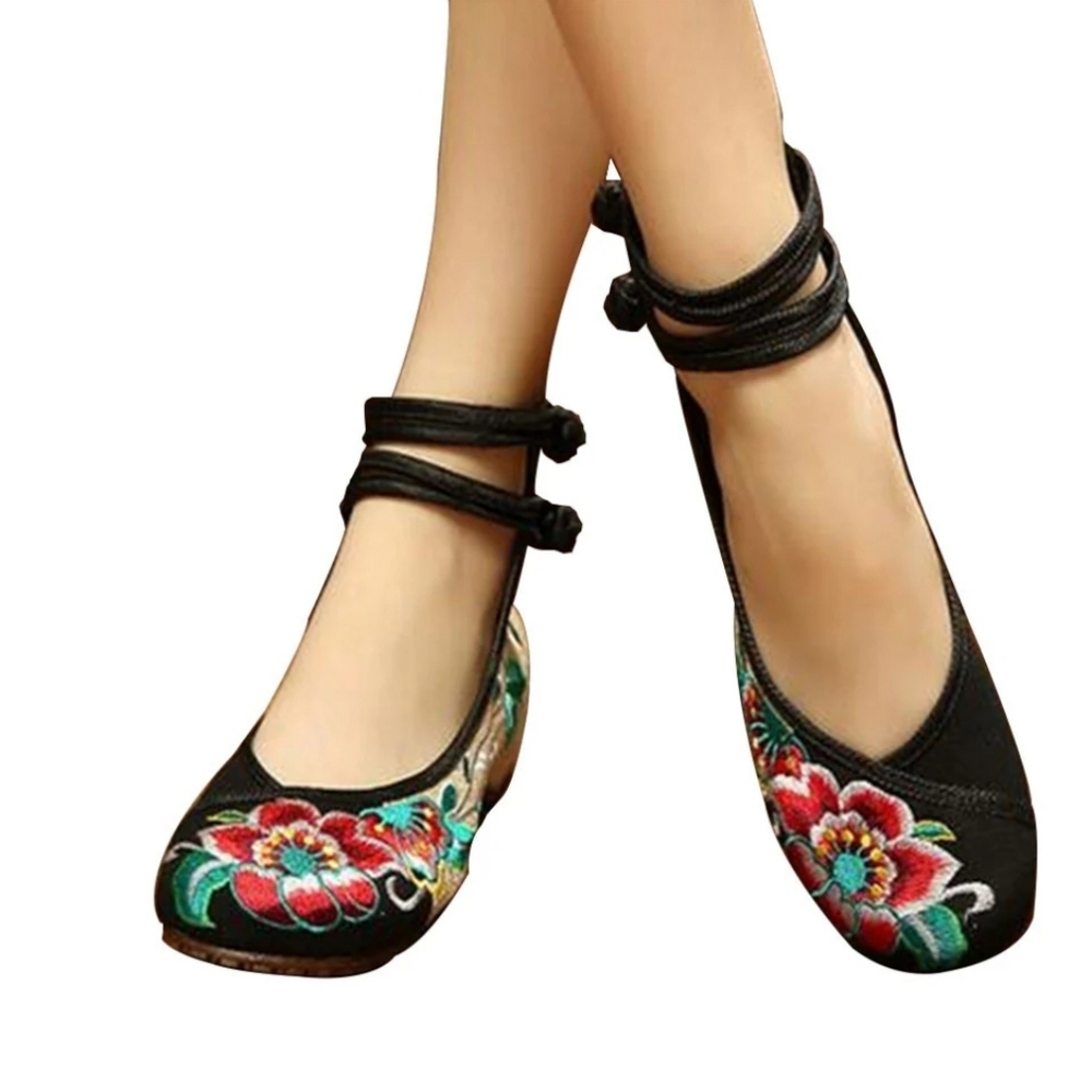 Classic Embroidered Black Mary Jane Flats with Ankle Wrap